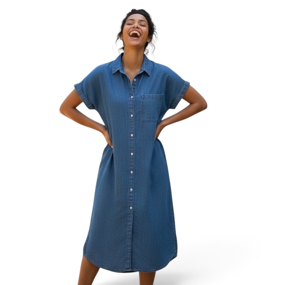 Old Navy XXL Blue Denim Button Down Midi Shirt Dress Short Sleeve Shift